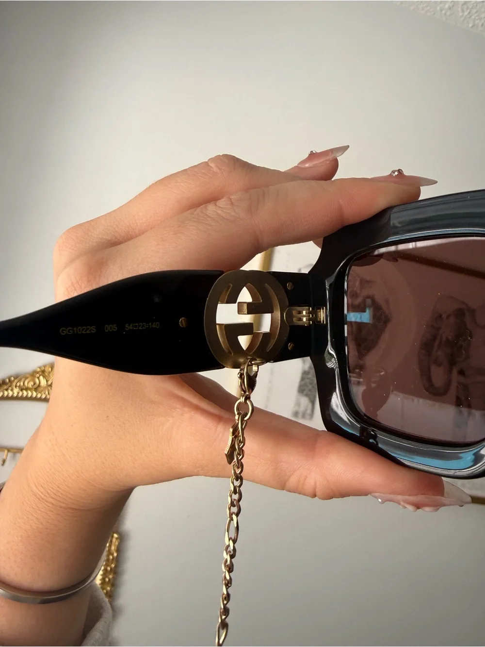 Gucci Black Square Sunglasses with Gold Chain and Brown Lenses
